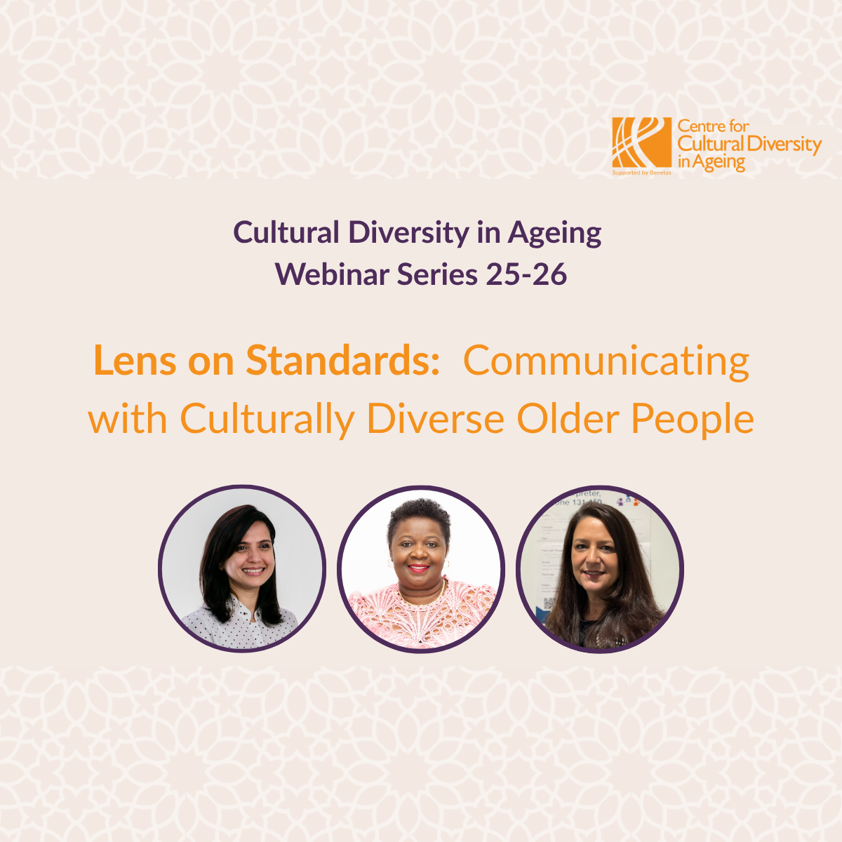 Upcoming Webinar 14 October 2025 - Lens on Standards: Communicating with Culturally Diverse Older People